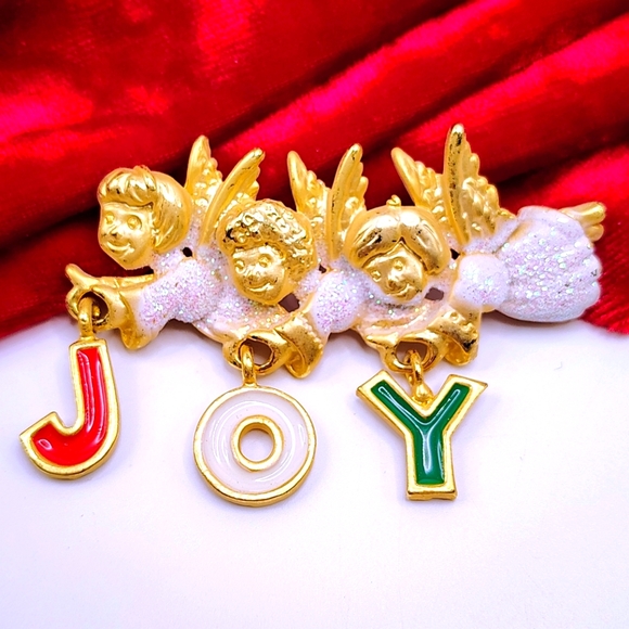 Vintage Jewelry - Signed Danecraft Vintage 1990s Gold Tone Enamel Christmas Angels Joy Pin Brooch